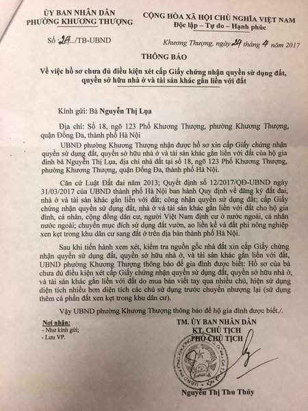 Thông báo trả lời cho hộ gia đình bà Lụa được gửi kèm theo Văn bản số 124 ngày 23/10/2017 hg
