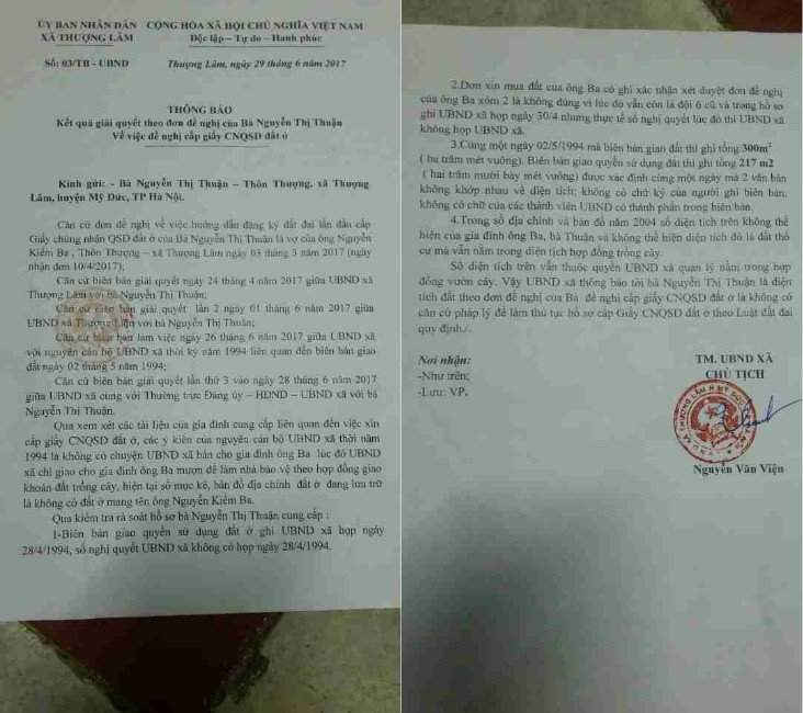  Thông báo Kết quả giải quyết đơn đề nghị của bà Nguyễn Thị Thuận về việc đề nghị cấp Giấy CNQSD đất ở