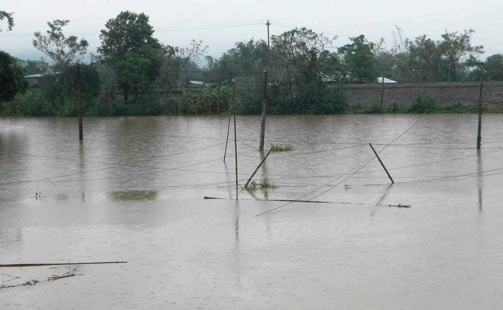 Nhiều trụ điện bằng tre ở khu vực Phú Sơn, phường Nhơn Hòa (TX An Nhơn) bị gãy đổ, chìm dưới nước lũ. 