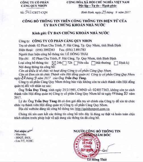 Văn bản công bố thông tin ông Trần Duy Tùng xin từ chức khỏi thành viên HĐQT Cảng Quy Nhơn.