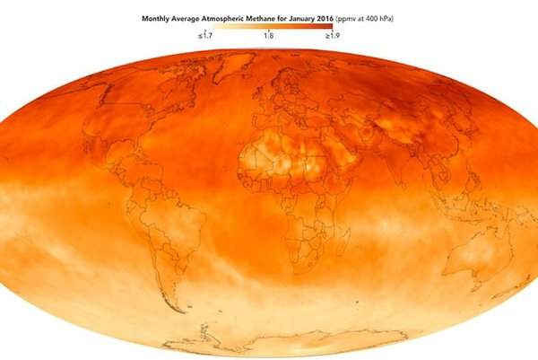 Hình ảnh vệ tinh về nồng độ mêtan trong khí quyển trên Trái đất vào tháng 1/2016. Ảnh: AIRS / Aqua / Nasa