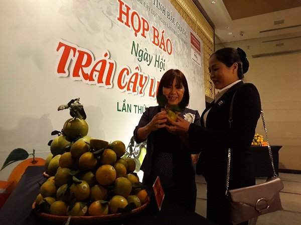 Người tiêu dùng thích thú xem trái cây đặc sản của huyện Lục Ngạn, Bắc Giang.