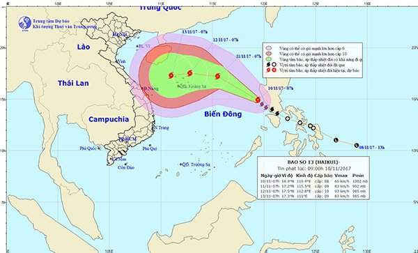 vào 4 giờ sáng nay 10/11, bão Haikui - cơn bão số 13 đã vượt qua khu vực phía Nam Lu-Dông của Philippin đi vào biển Đông,  sức gió mạnh nhất ở vùng gần tâm bão mạnh cấp 8 (60-75km/giờ), giật cấp 10