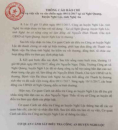 Thông cáo báo chí của Công an huyện Nghi Lộc về vụ việc