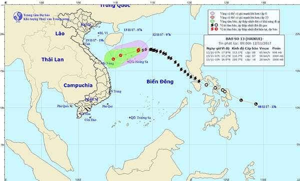 Hướng đi của bão số 13 lúc 9h sáng nay 12/11