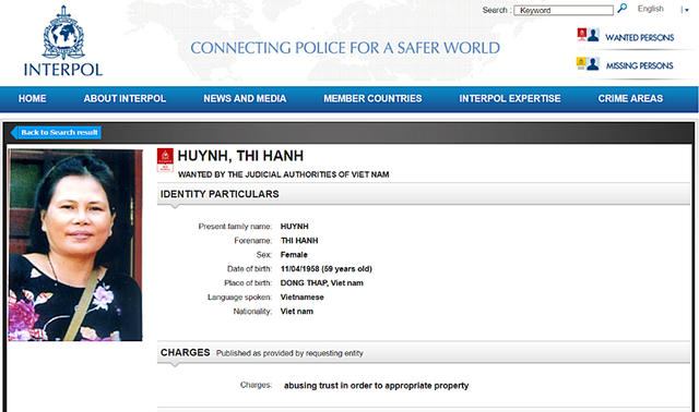 Interpol phát lệnh truy nã toàn cầu bà Huỳnh Thị Hạnh.