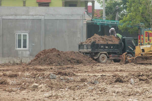 Xe chở đất từ xóm 12, xã Quỳnh Lâm sang san lấp tại xã Quỳnh Hưng.