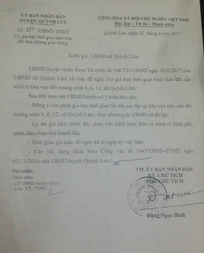 Văn bản của UBND huyện Quỳnh Lưu, đồng ý cho gia hạn thời gian khai thác đất.