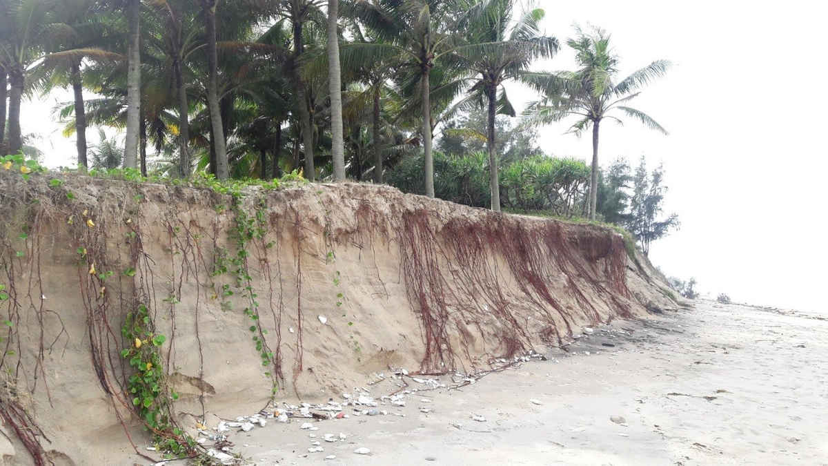Hơn 150m bờ biển thuộc khu du lịch Resort Tropical đã bị sóng đánh bay hoàn toàn, trong đó nhiều đoạn bờ kè được xây dựng bằng đá, bê tông kiên cố