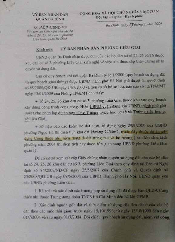 Văn bản của UBND quận Ba Đình gửi UBND phường Liễu Giai về việc xem xét cấp Giấy chứng nhận quyền sử dụng đất cho các hộ dân thuộc Cụm dân cư số 3.