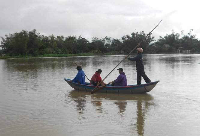 Nước lũ trên sông Gò Bồi đoạn qua xã Phước Hòa (huyện tuy Phước) vẫn chảy xiết. Người dân nơi đây phải sử dụng sõng để đi lại trong điều kiện đường sá bị nước lũ chia cắt 