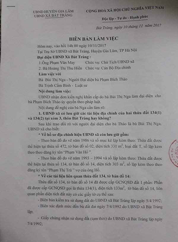 Biên bản làm việc giữa đại diện UBND xã Bát Tràng và đại diện của bà Phạm Bích Thảo về vụ việc tranh chấp đất.