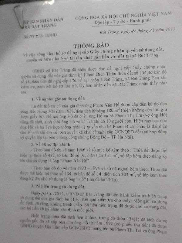 Văn bản số 444/TB-UBND ngày 22/12/2015 do ông Nguyễn Văn May ký thừa nhận thửa đất 134 là của ông Phạm Văn Hổ (bố bà Phạm Bích Thảo).