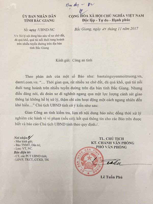 Văn bản của UBND tỉnh Bắc Giang gửi Công an tỉnh.