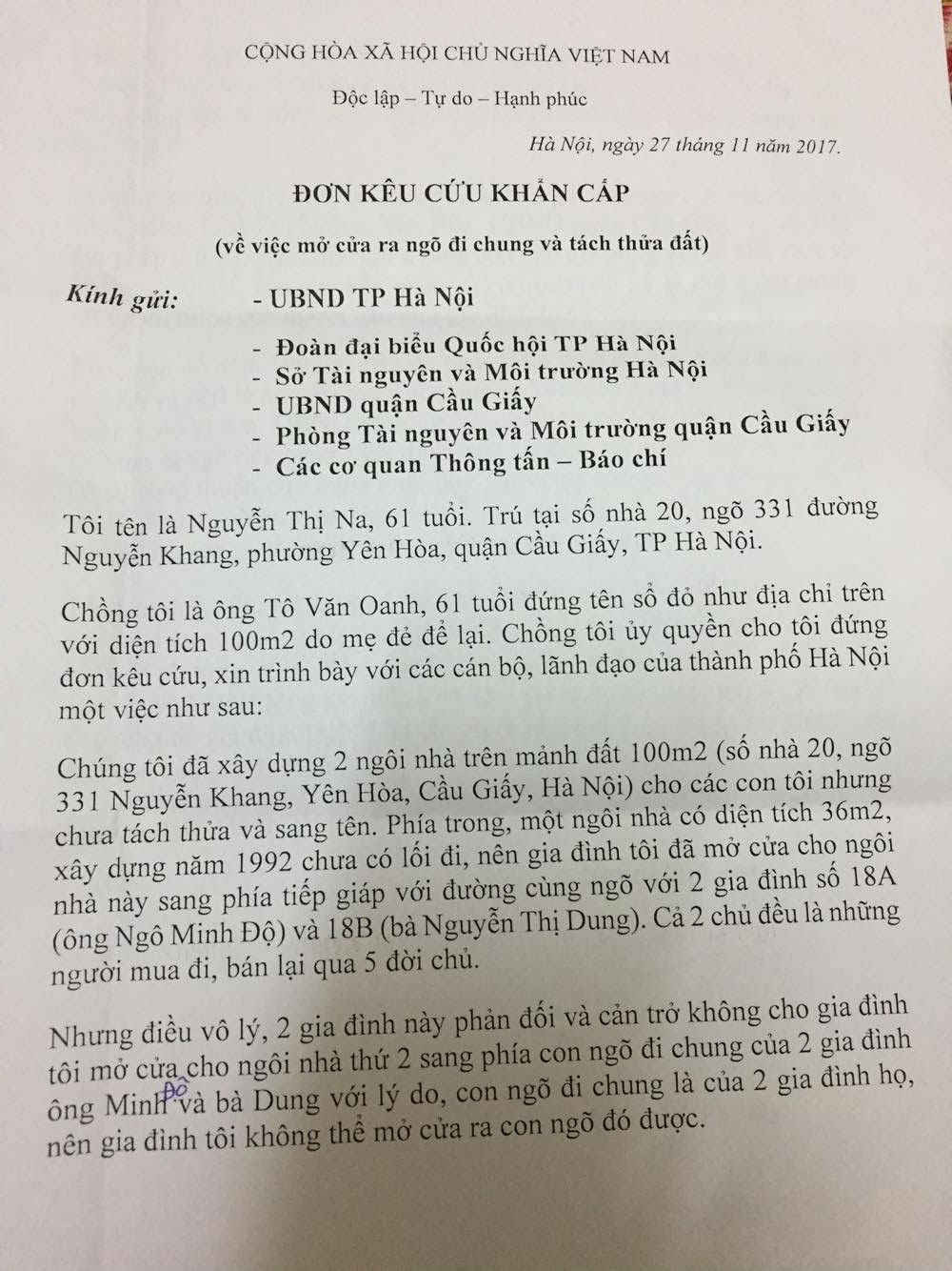 Đơn kêu cứu của bà Nguyễn Thị Na.
