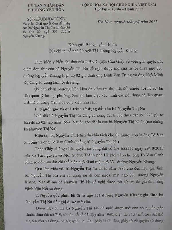 Công văn số 255 ngày 12/7/2017 giải quyết đơn thư của gia đình bà Nguyễn Thị Na.