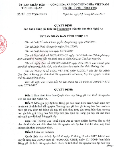 Quyết định 73/2017/QĐ-UBND về bảng giá tính thuế tài nguyên trên địa bàn tỉnh Nghệ An