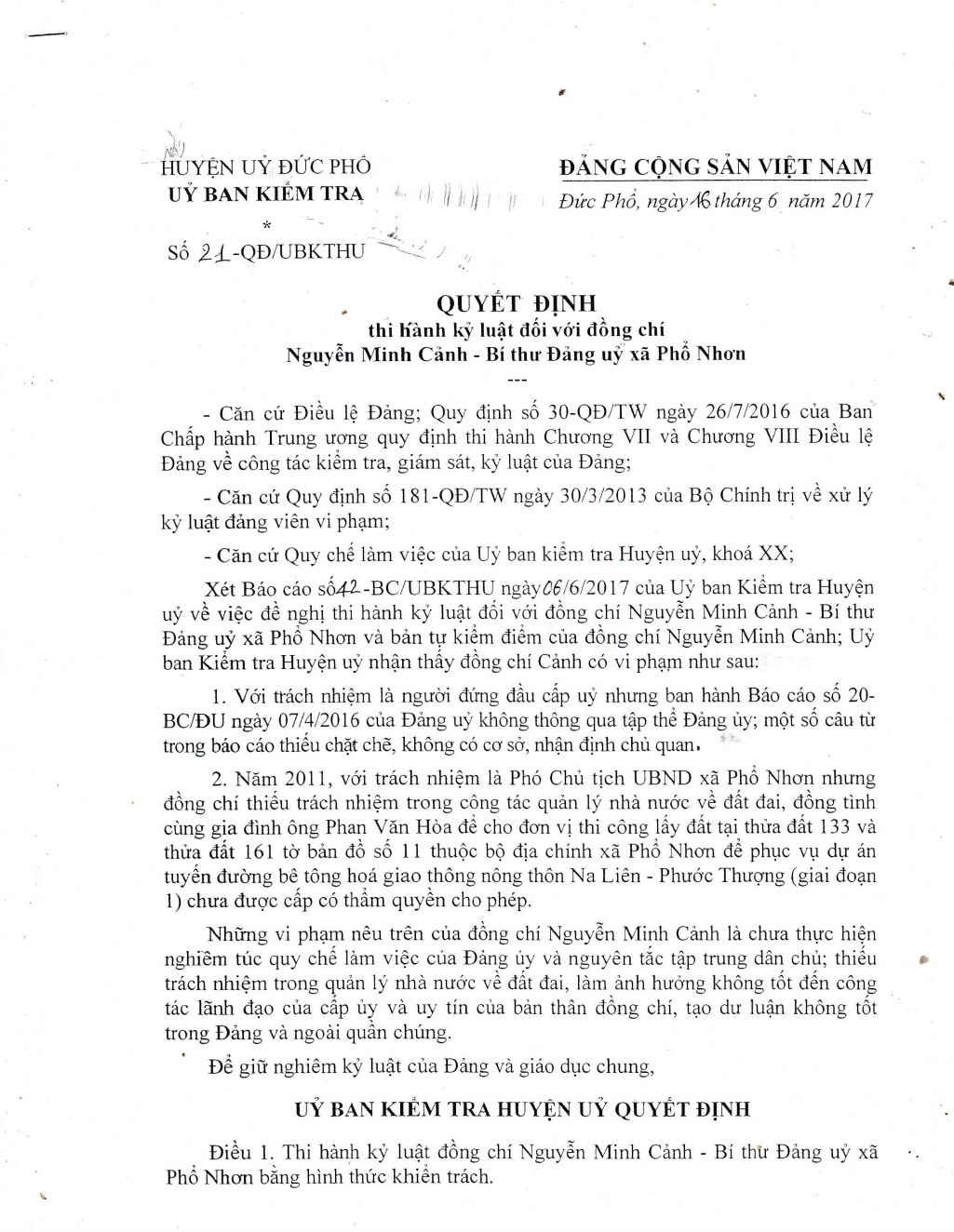 Quyết định thi hành kỷ luật của ông Nguyễn Minh Cảnh, Bí thư Đảng ủy xã Phổ Nhơn