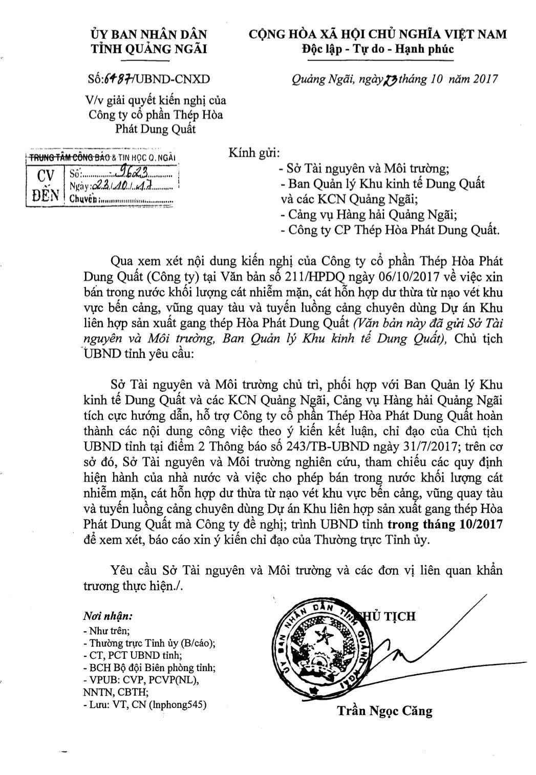 Trước đây, UBND tỉnh Quảng Ngãi đã có công văn giải quyết kiến nghị của Công ty Cổ phần thép Hòa Phát về việc xin bán trong nước khối lượng cát nhiễm mặn dư thừa từ nạo vét