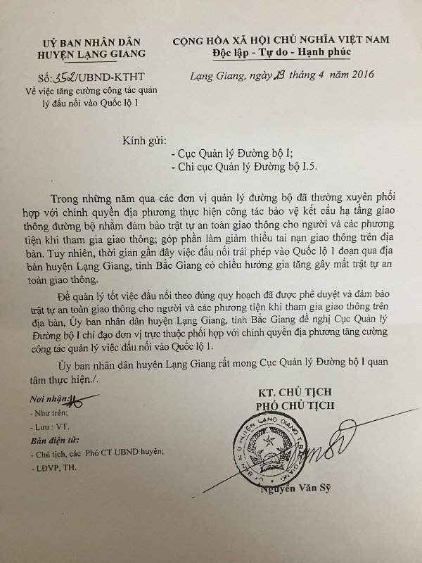 Văn bản số 352/UBND-KTHT ngày 29/4/2016 của UBND huyện Lạng Giang gửi Cục Quản lý đường bộ I và Chi cục Quản lý đường bộ 1.5.