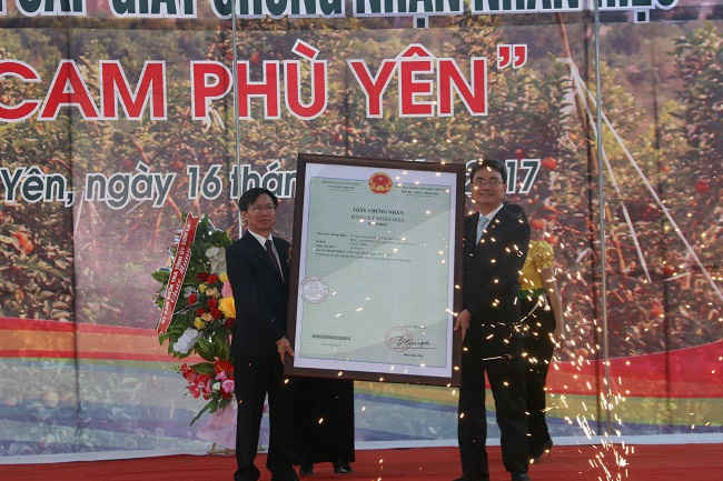 Lãnh đạo Cục Sở hữu trí tuệ - Bộ khoa học và Công nghệ trao Giấy chứng nhận nhãn hiệu cam cho huyện Phù Yên