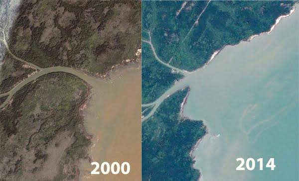 Ảnh viễn thám chụp tại Rạch Gốc, xã Tân An, huyện Ngọc Hiển, Cà Mau cho thấy, sau 15 năm, bờ biển khu vực này bị xói lở khoảng 1km