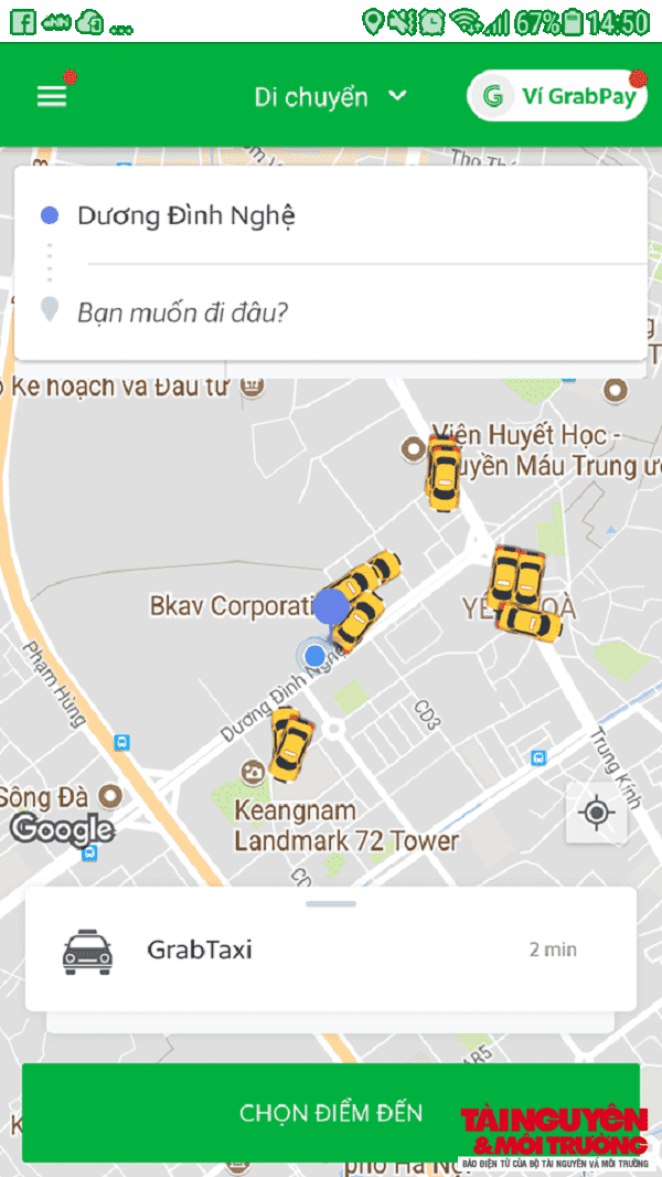 Giao diện phần mềm đặt xe của Grab.