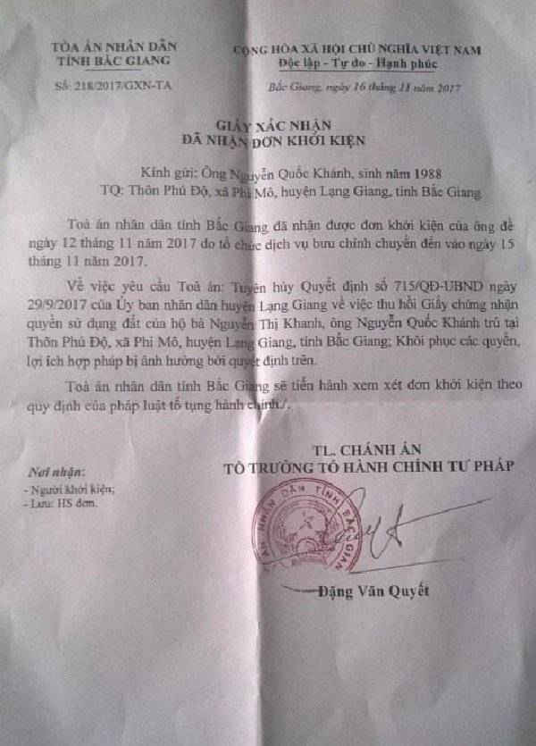 TAND tỉnh Bắc Giang xác nhận đã nhận đơn khởi kiện UBND huyện Lạng Giang (Bắc Giang) của ông Khánh.