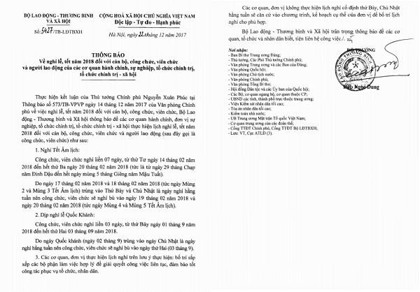 Văn bản Thông báo của Bộ Lao động Thương binh và Xã hội do Bộ trưởng Đào Ngọc Dung ký ban hành.