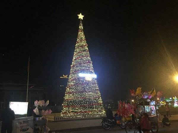 Cây thông Noel 'khủng' nhất từ trước đến nay được Phòng Văn hóa thông tin TP Bắc Giang dựng tại quảng trường trung tâm.