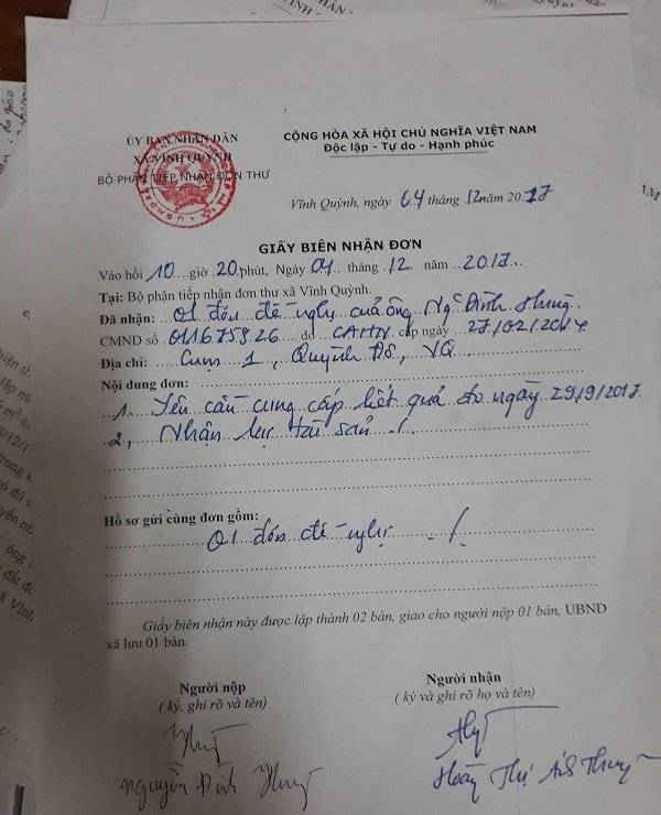 Giấy biên nhận đơn của UBND xã Vĩnh Quỳnh xác nhận ông Nguyễn Đình Hùng có đơn xin nhận lại tài sản.