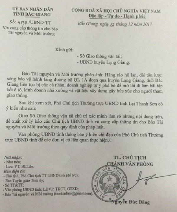 Văn bản chỉ đạo của UBND tỉnh Bắc Giang về việc xác minh làm rõ thông tin Báo Tài nguyên và Môi trường phản ánh.