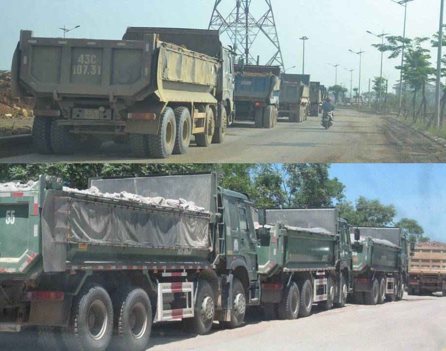 Hàng chục chiếc xe chở đất, đá, cát nối đuôi nhau chạy về cung ứng cho các dự án tại Hòa Xuân (quận Cẩm Lệ, TP. Đà Nẵng)