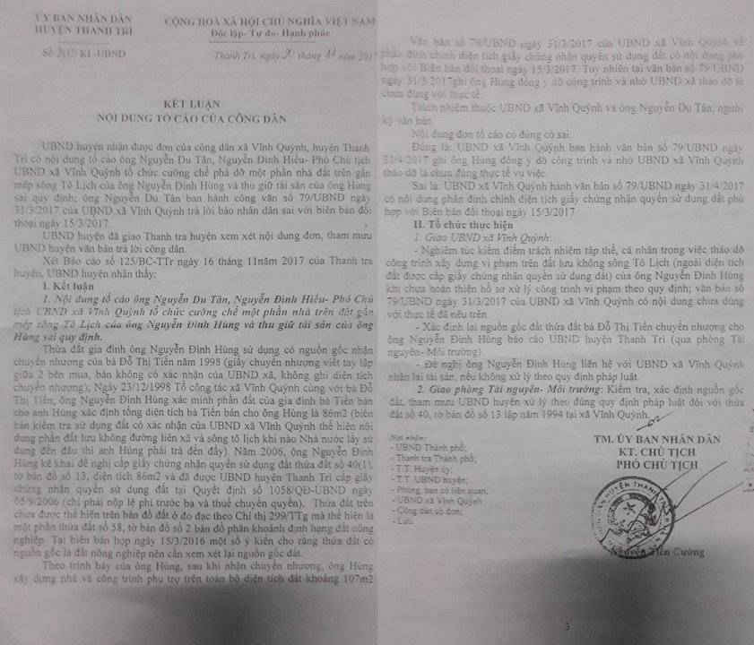 Kết luận giải quyết tố cáo của UBND huyện Thanh Trì đối với ông Nguyễn Đình Hùng chỉ rõ nhiều sai phạm của UBND xã Vĩnh Quỳnh.