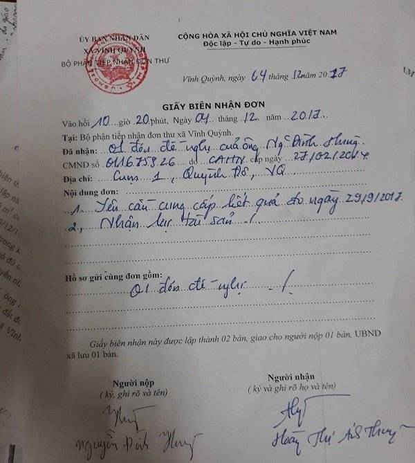 Giấy biên nhận đơn của UBND xã Vĩnh Quỳnh xác nhận ông Nguyễn Đình Hùng có đơn xin nhận lại tài sản.