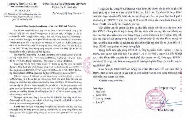 Công văn của Công ty Vinaceglass gửi Chủ tịch UBND tỉnh Nghệ An.