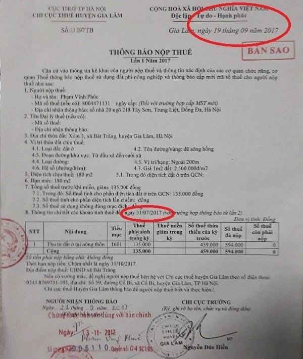 Thông báo nộp thuế của Chi cục Thuế huyện Gia Lâm với ông Phạm Vĩnh Phúc.