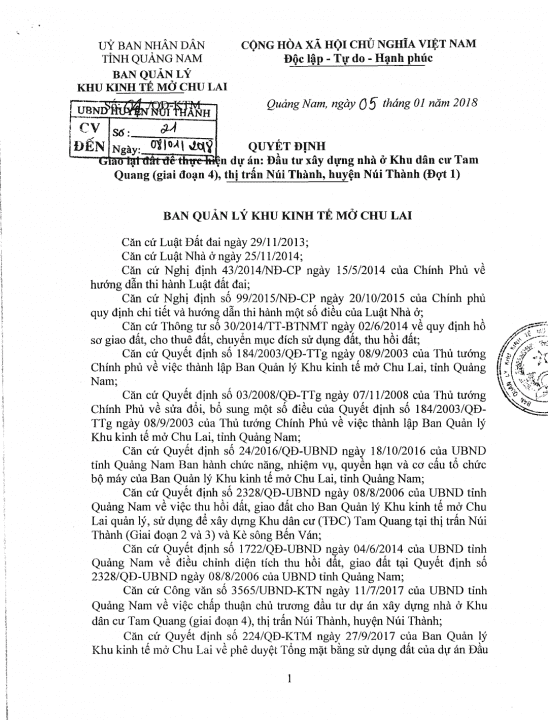 Cũng trong ngày 5/1/2018, UBND tỉnh Quảng Nam ngay lập tức có Quyết định giao đất cho Vạn Kim