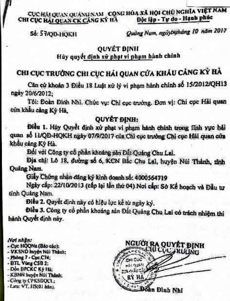 Quyết định hủy bỏ quyết định xử phạt vi phạm hành chính đối với Cty Đất Quảng Chu Lai của Chi cục trưởng Chi cục HQ cảng Kỳ Hà
