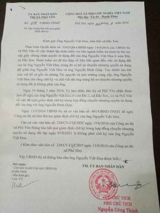 Công văn thông báo kết quả giám định chữ ký của UBND thị xã Phổ Yên