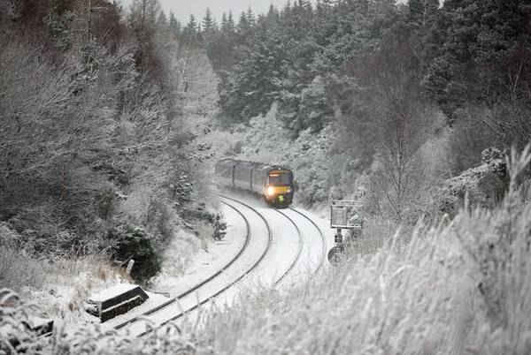 Tàu hỏa từ Inverness đến Edinburgh di chuyển qua lớp tuyết dày tại Culloden, gần Inverness. Ảnh: Peter Jolly / Rex / Shutterstock