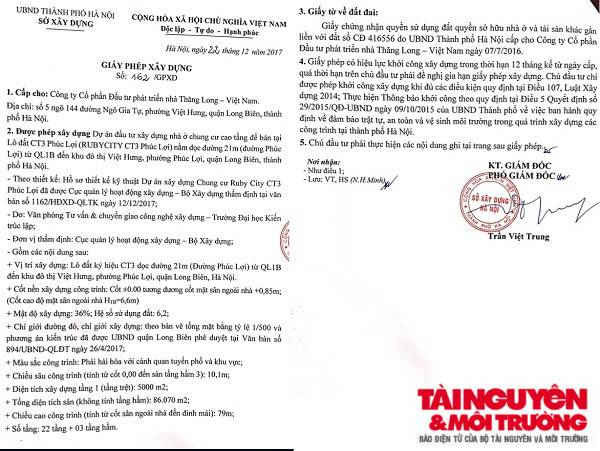 UBND quận Long Biên đã ban hành Quyết định số 168/QĐ-UBND về việc xử phạt vi phạm hành chính đối với Công ty cổ phần đầu tư phát triển nhà Thăng Long do thi công xây dựng không phép dự án Chung cư Ruby City tại Lô đất CT3 Phúc Lợi.