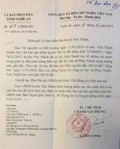 Văn bản UBND tỉnh Nghệ An giao UBND huyện Yên Thành kiểm tra, làm rõ sự việc báo nêu