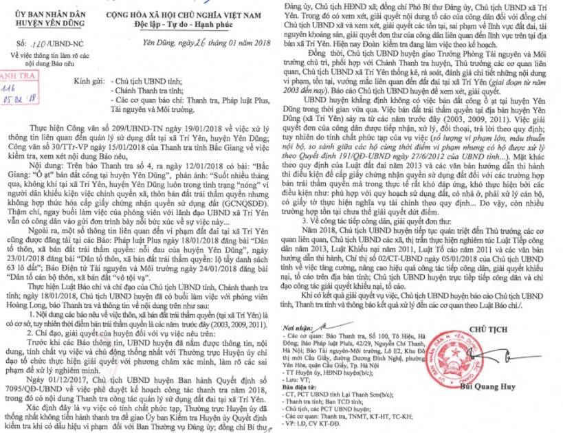 Bắc Giang: Chính quyền huyện Yên Dũng thừa nhận có việc bán đất trái thẩm quyền tại xã Trí Yên