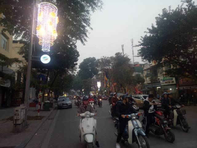 Đèn trang trí bằng những cành mai vàng dọc theo con phố Bà Triệu