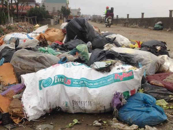 Rác thải sinh hoạt của nhân dân xã Minh Lộc chất đống trên đê (gần chợ cá Minh Lộc) do không được thu gom. 