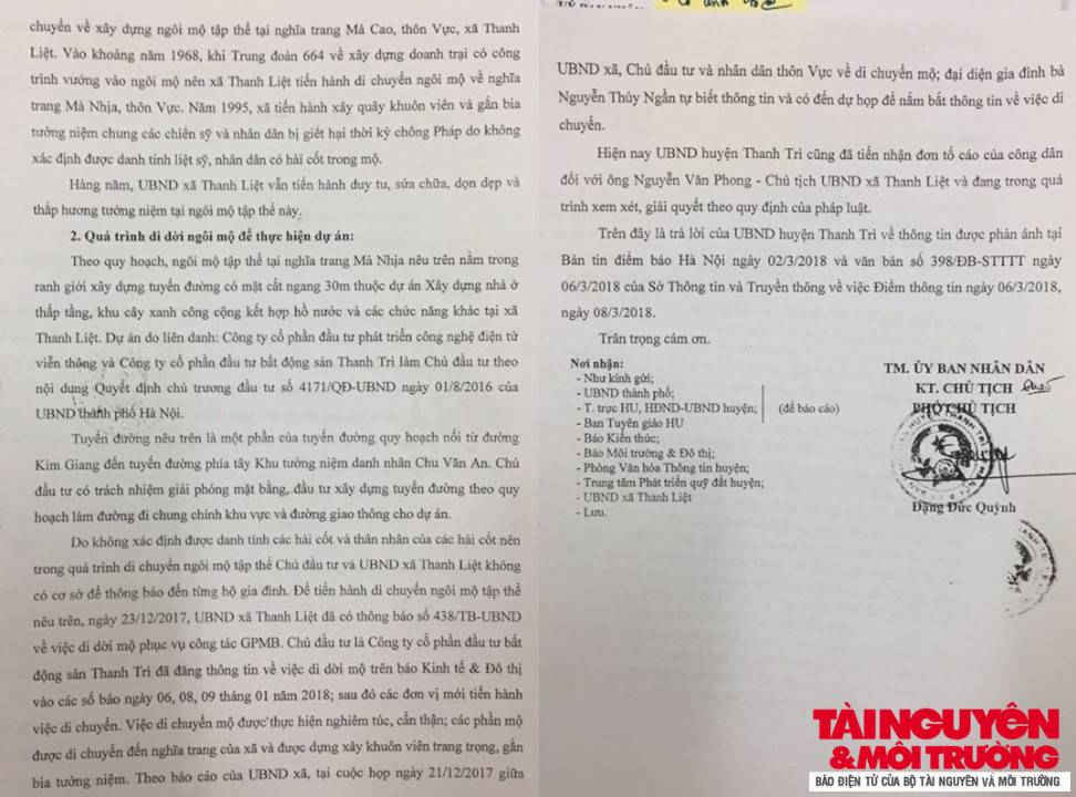 Hà Nội: UBND huyện Thanh Trì thông tin vụ di dời mộ liệt sĩ tại xã Thanh Liệt.