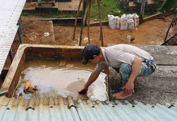Gia đình ông Nguyễn Toản (thôn Phú Mỹ) đang thuê 2 công nhân hì hục đào giếng khoan trong vòng 3 ngày, với độ sâu gần 50m mà nước vẫn bị nhiễm phèn