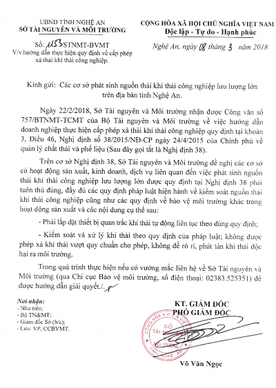 Văn bản hướng dẫn quy định về cấp phép xả thải khí công nghiệp của Sở TN&MT tỉnh Nghệ An