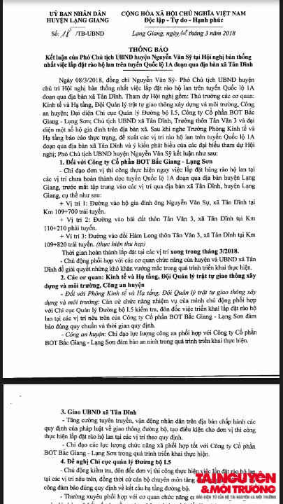 Văn bản thông báo của huyện Lạng Giang về viêc thống nhất đóng hộ lan
